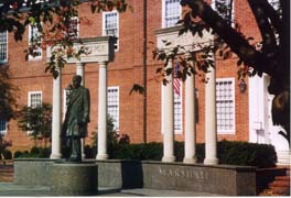 [photo, Thurgood Marshall statue at Legislative Services Building entrance, Lawyers' Mall, Annapolis, Maryland]
